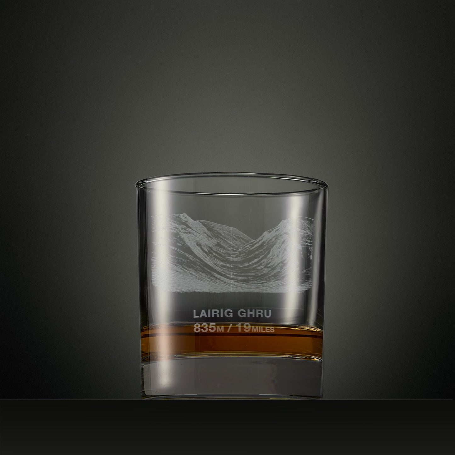Engraved whisky glass with the Lairig Ghru mountain pass illustration