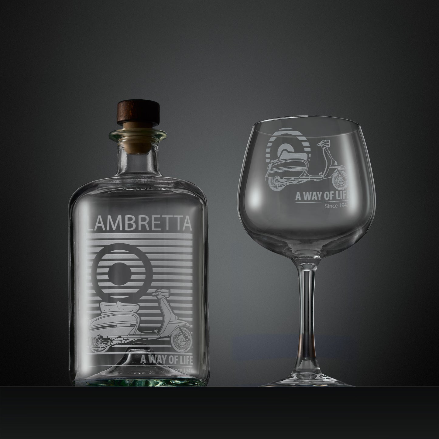 Engraved gin decanter and glass set with Lambretta GP illustration