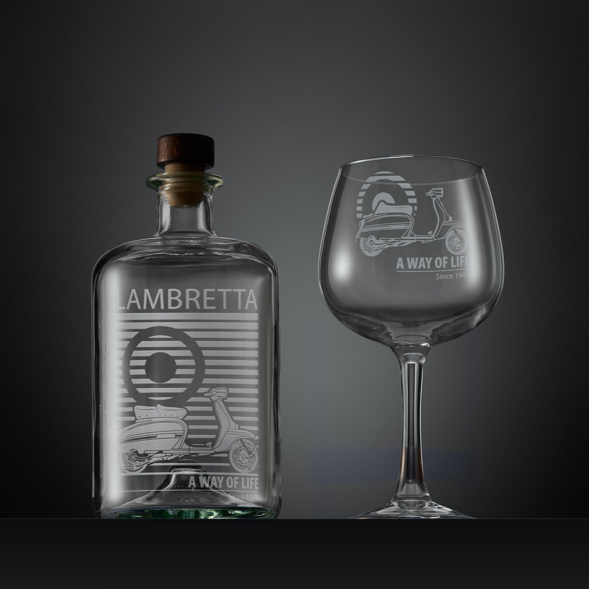 Engraved gin decanter and glass set with Lambretta GP illustration