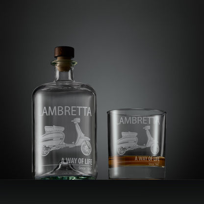 Engraved whisky decanter and glass set with Lambretta GP illustration