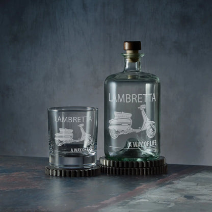 Engraved apothecary decanter and matching whisky glass featuring a Lambretta GP design with A Way of Life since 1947 inscription