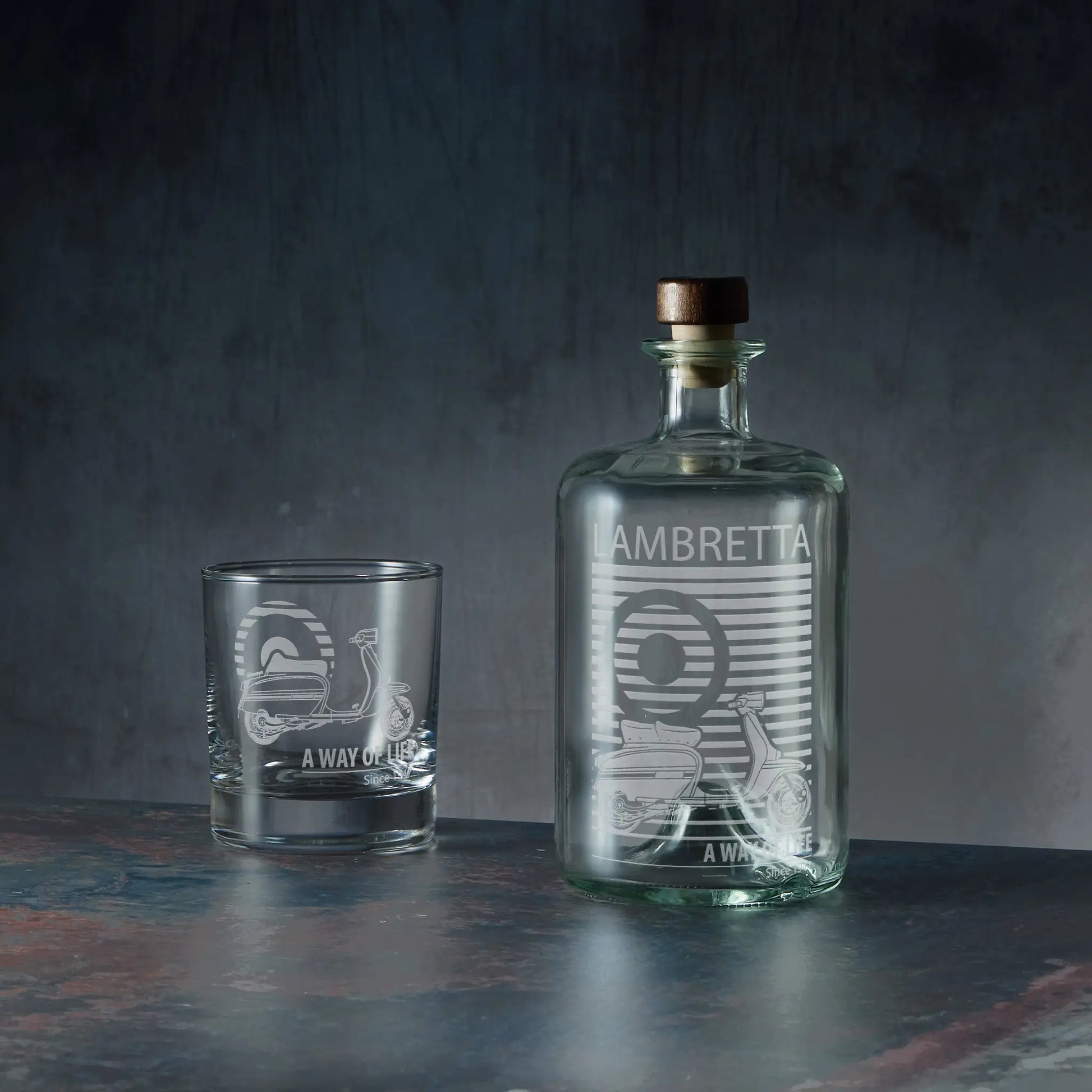 Engraved apothecary decanter and matching whisky glass featuring a Lambretta GP design with MOD target motif.