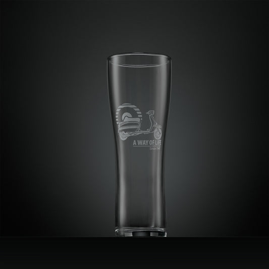 Engraved Lambretta pint glass with MOD target design on dark background