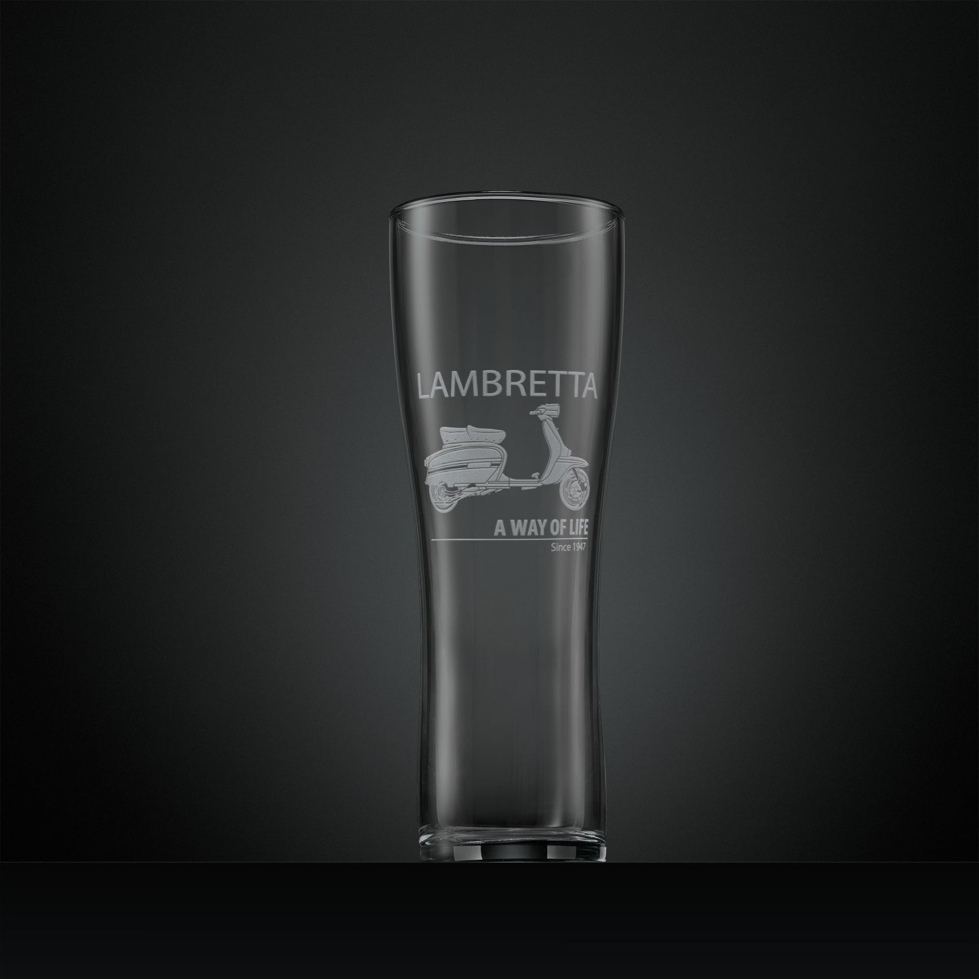 Engraved Lambretta GP pint glass with side-view scooter and “A Way of Life Since 1947” inscription.