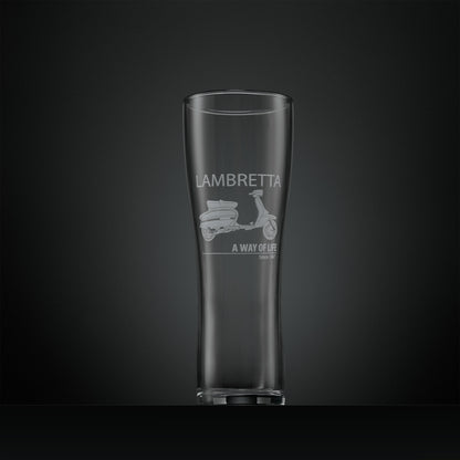 Engraved Lambretta GP pint glass with side-view scooter and “A Way of Life Since 1947” inscription.