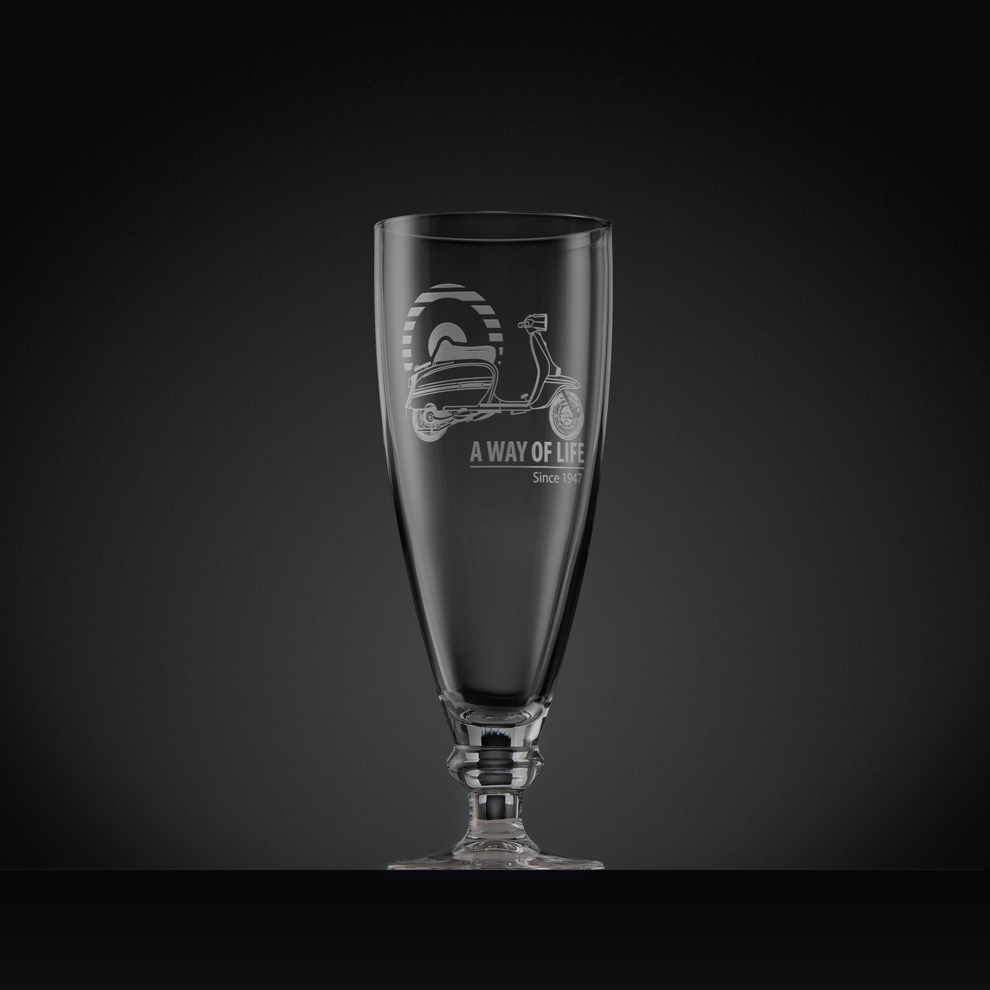 Engraved stemmed beer glass with a Lambretta GP illustration, MOD target design and text