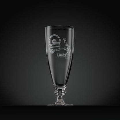 Engraved stemmed beer glass with a Lambretta GP illustration, MOD target design and text