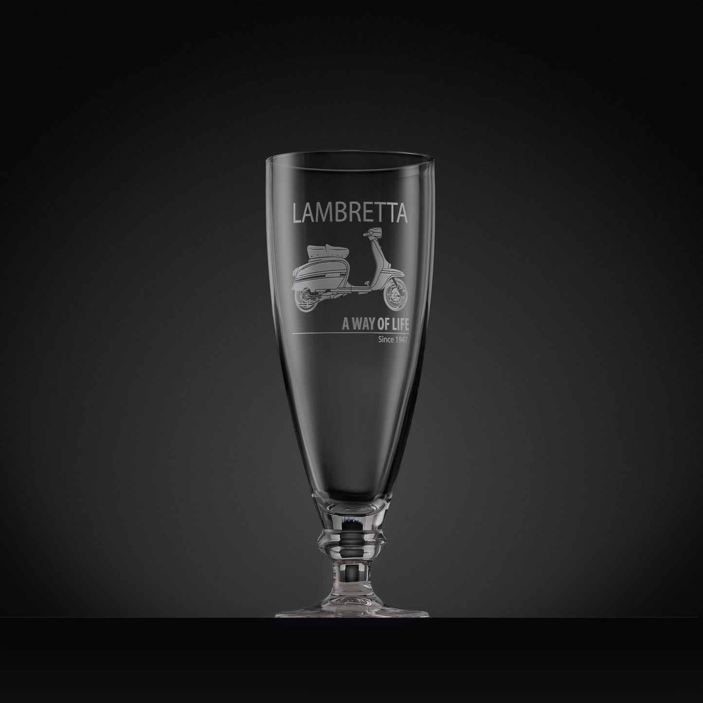 Engraved stemmed beer glass with a Lambretta GP illustration and text