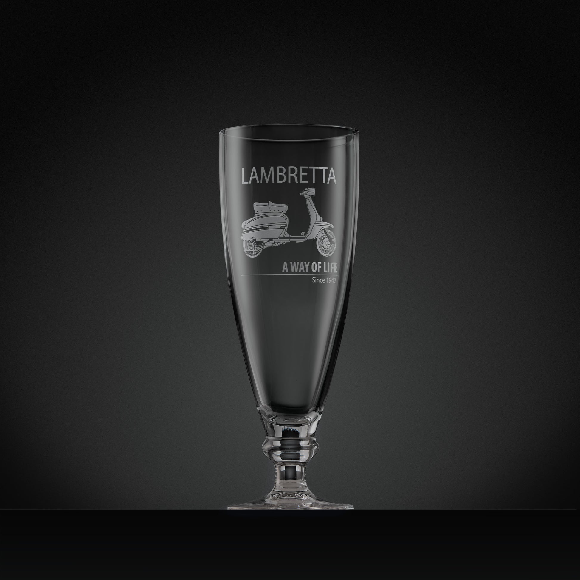 Engraved stemmed beer glass with a Lambretta GP illustration and text