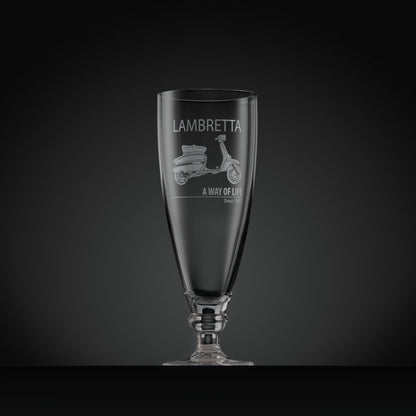 Engraved stemmed beer glass with a Lambretta GP illustration and text