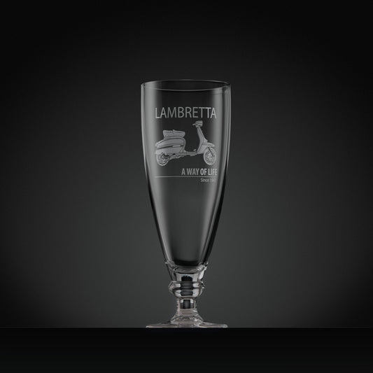 Engraved stemmed beer glass with a Lambretta GP illustration and text