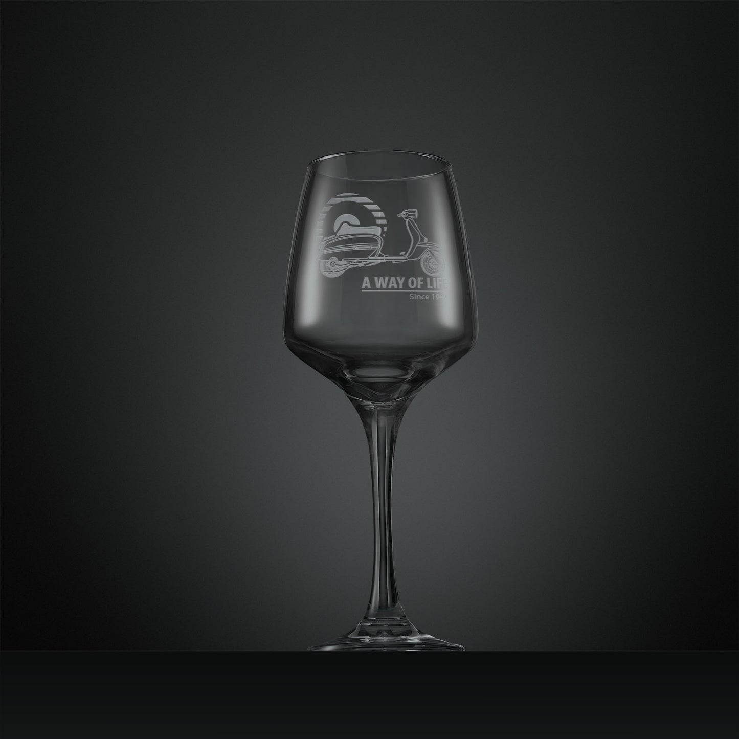 Engraved Lambretta GP wine glass with ‘A Way of Life Since 1947’ inscription.