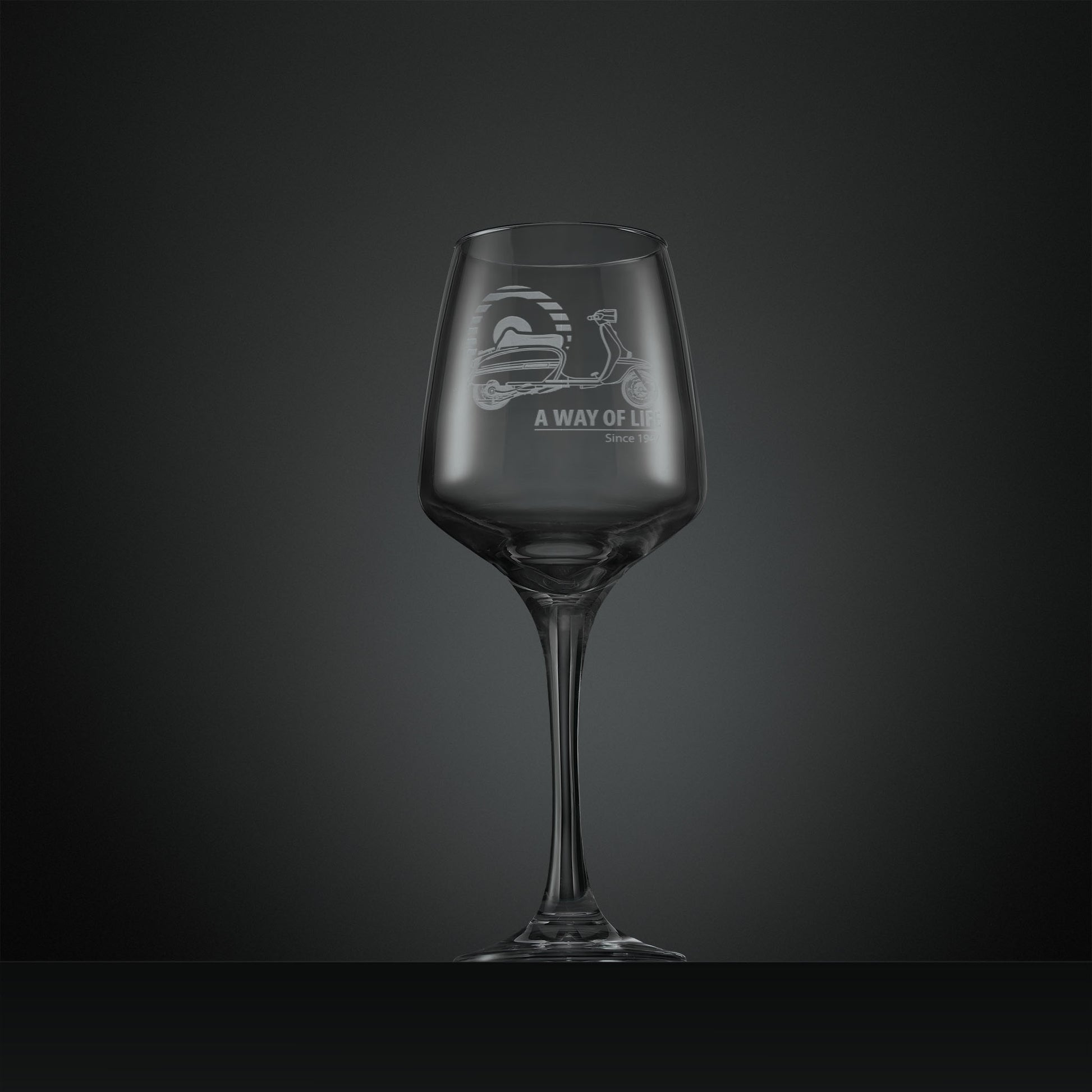 Engraved Lambretta GP wine glass with ‘A Way of Life Since 1947’ inscription.