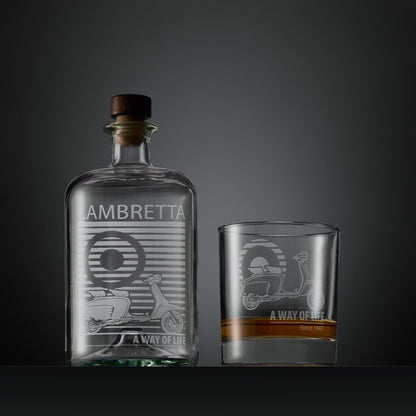 Engraved apothecary style decanter and whisky glass tankard featuring a Lambretta Li Special scooter and MOD target design