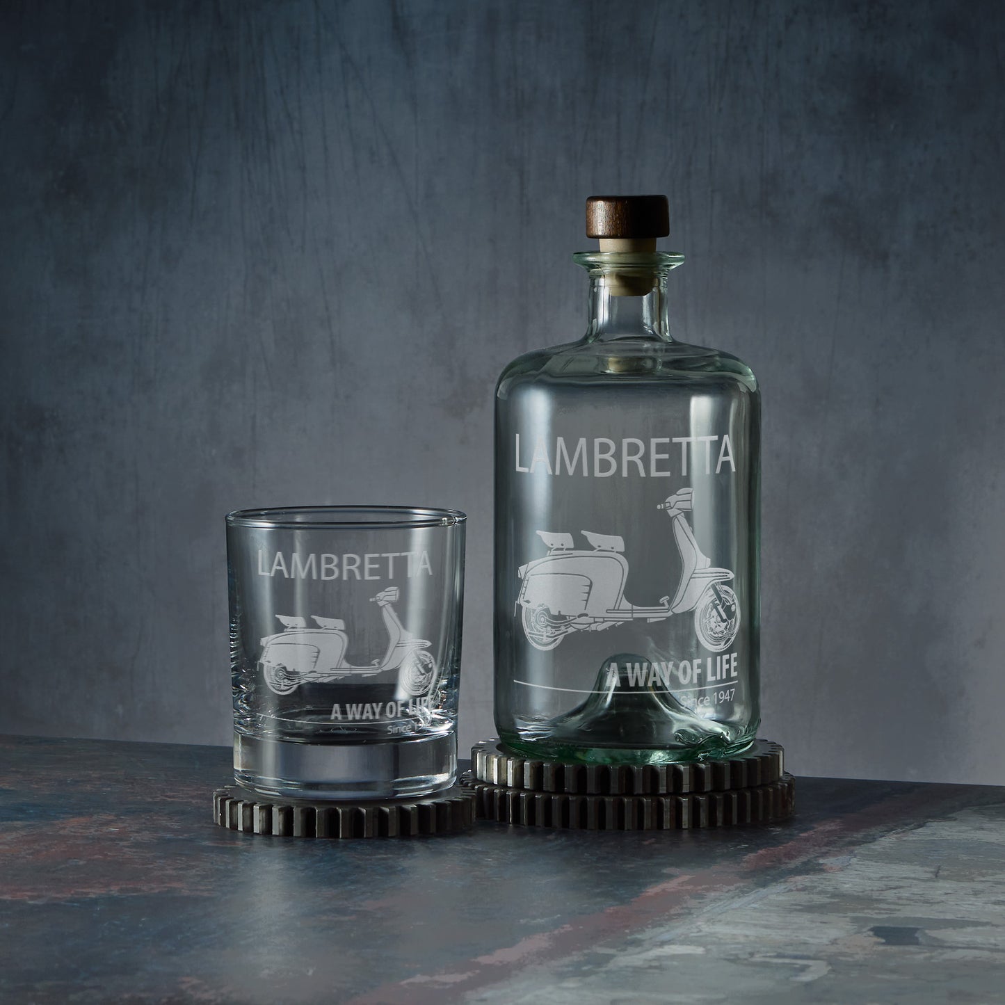 Lambretta Li Special scooter and A Way of Life text engraved on an apothecary style decanter and matching whisky glass