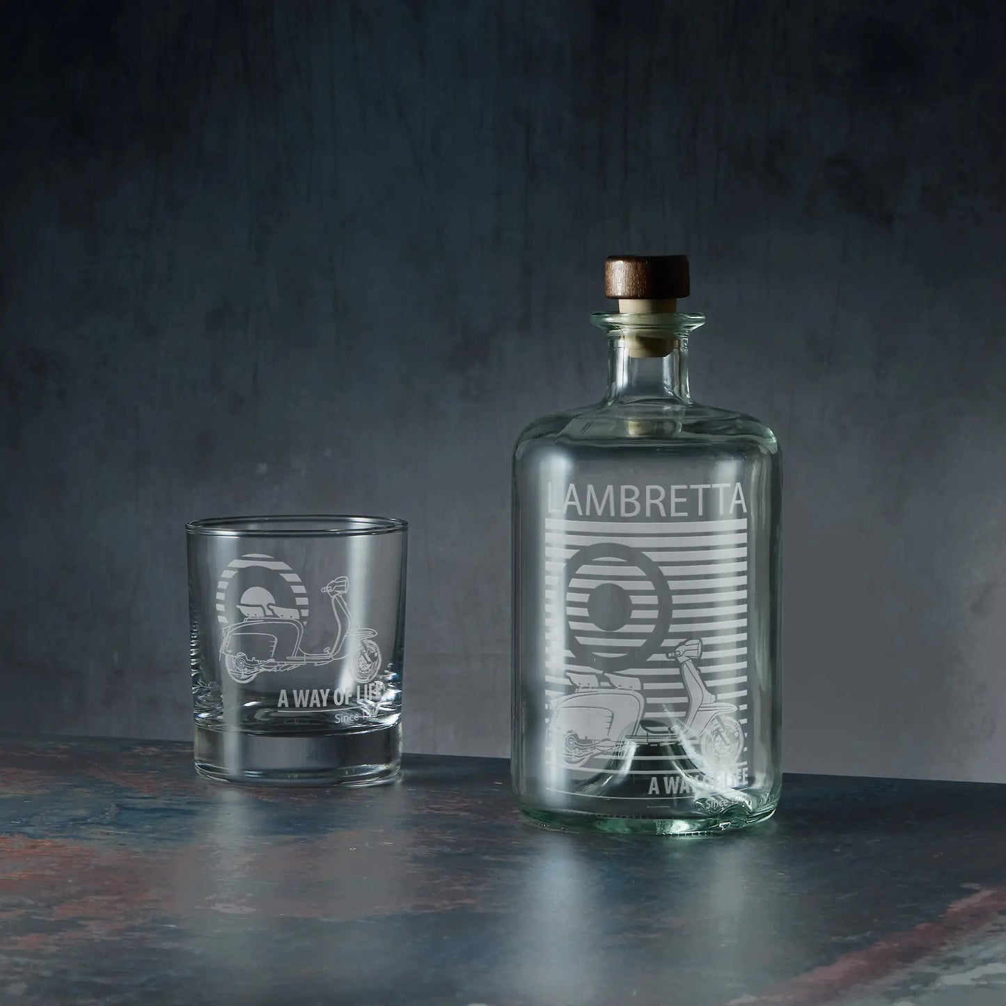 Engraved decanter and whisky glass featuring a Lambretta Li Special scooter and MOD target design