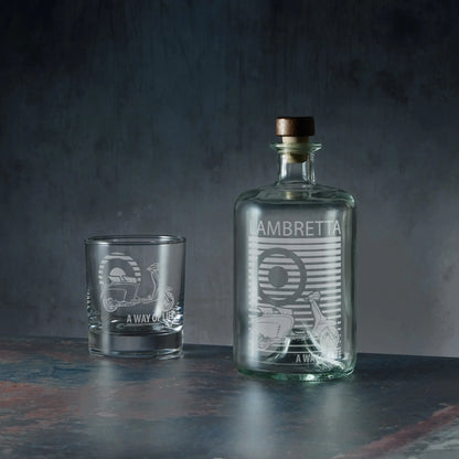 Engraved decanter and whisky glass featuring a Lambretta Li Special scooter and MOD target design