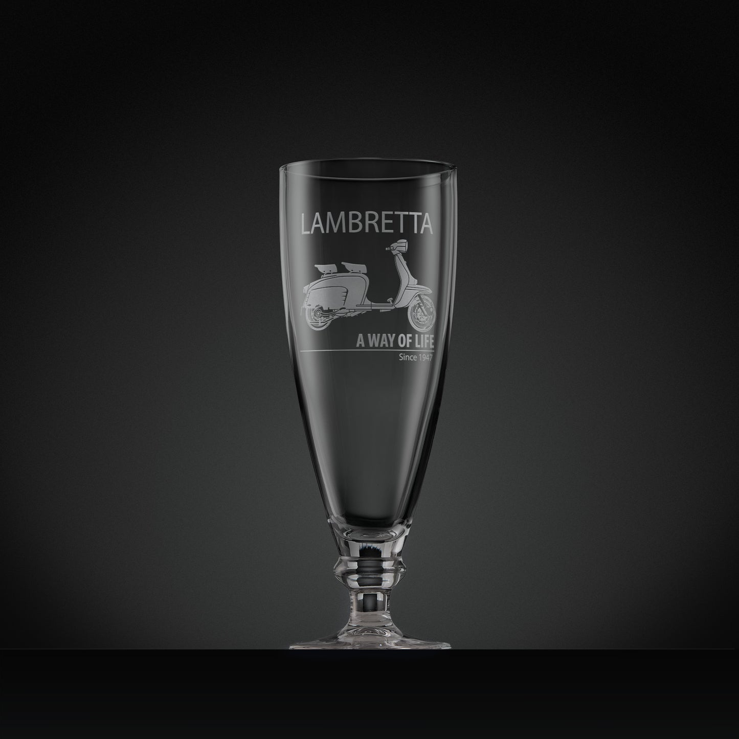 Stemmed beer glass engraved with Lambretta Li Special scooter and text design