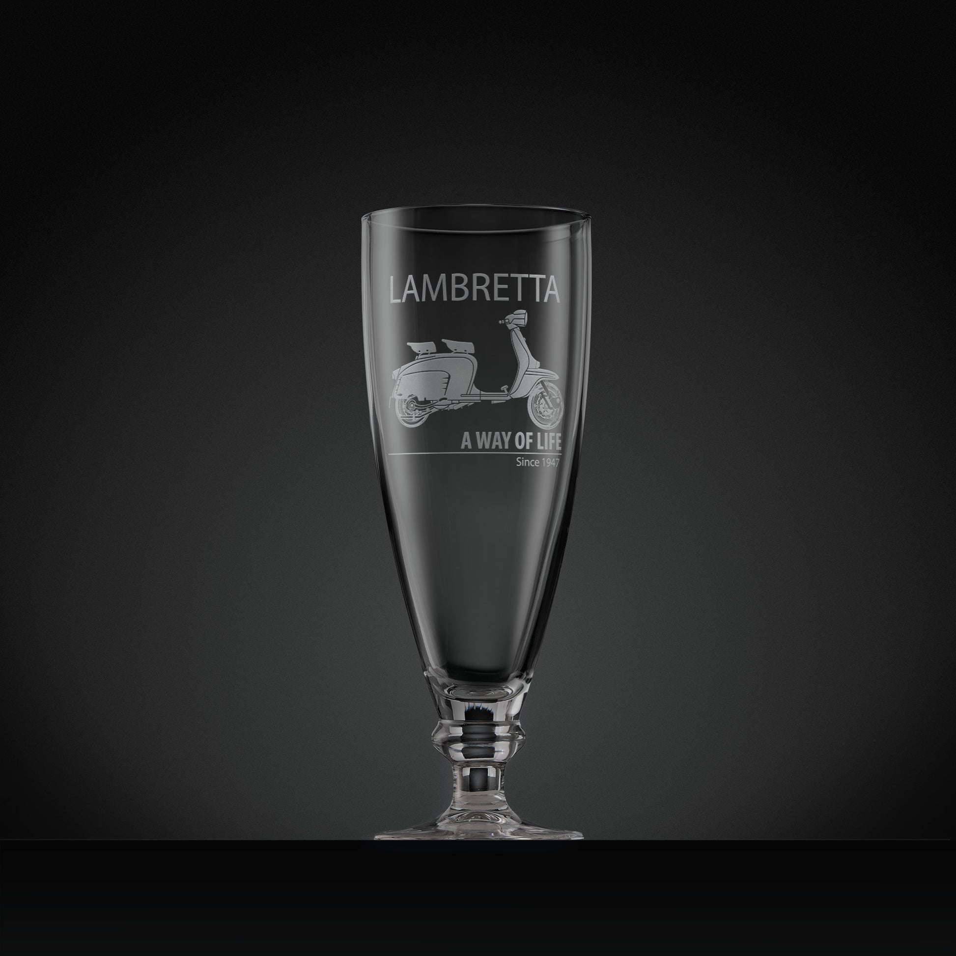 Stemmed beer glass engraved with Lambretta Li Special scooter and text design