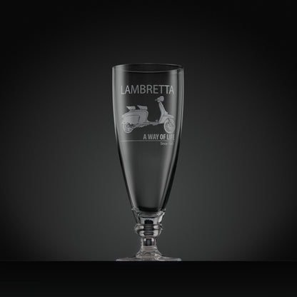 Stemmed beer glass engraved with Lambretta Li Special scooter and text design