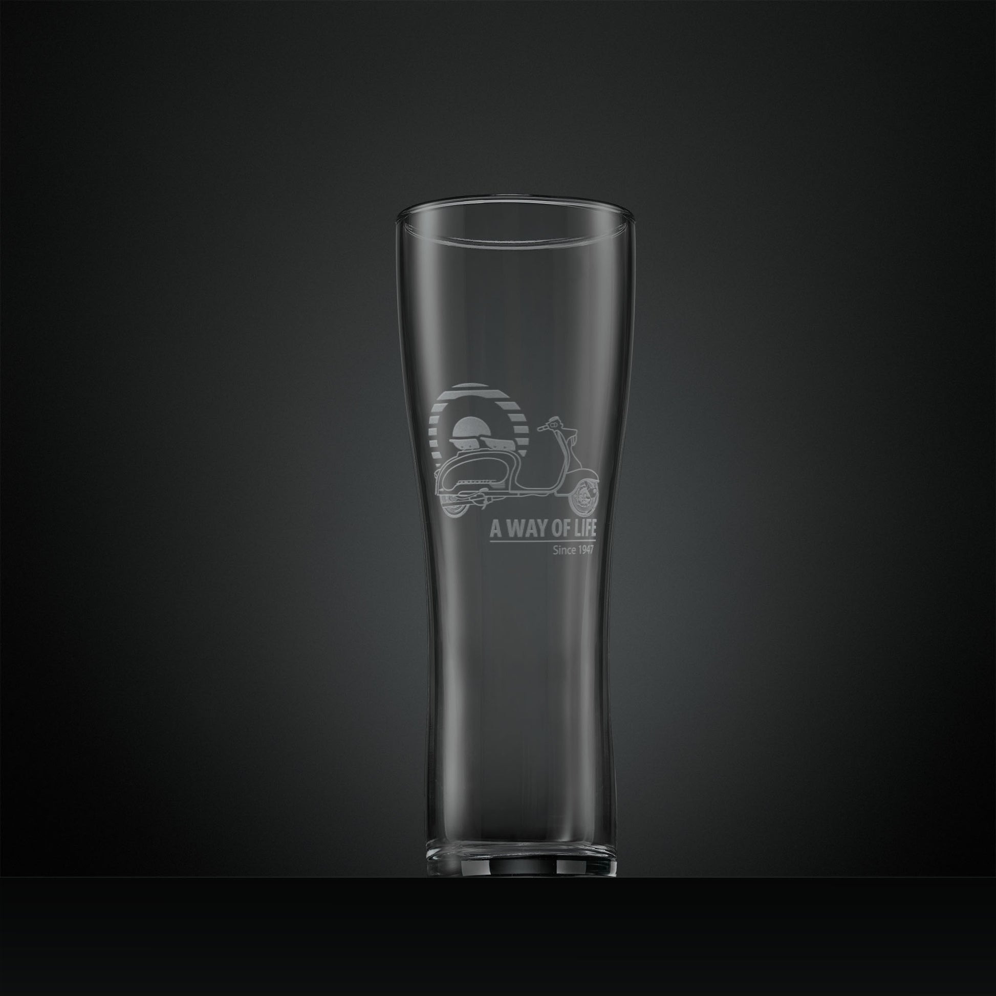 Engraved  wine glass with a Lambretta Li125, Mod target design and A Way of Life Since 1946 text