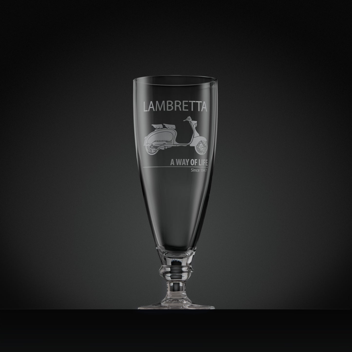 Stemmed beer glass engraved with Series 1 Lambretta Li 125 scooter and text design