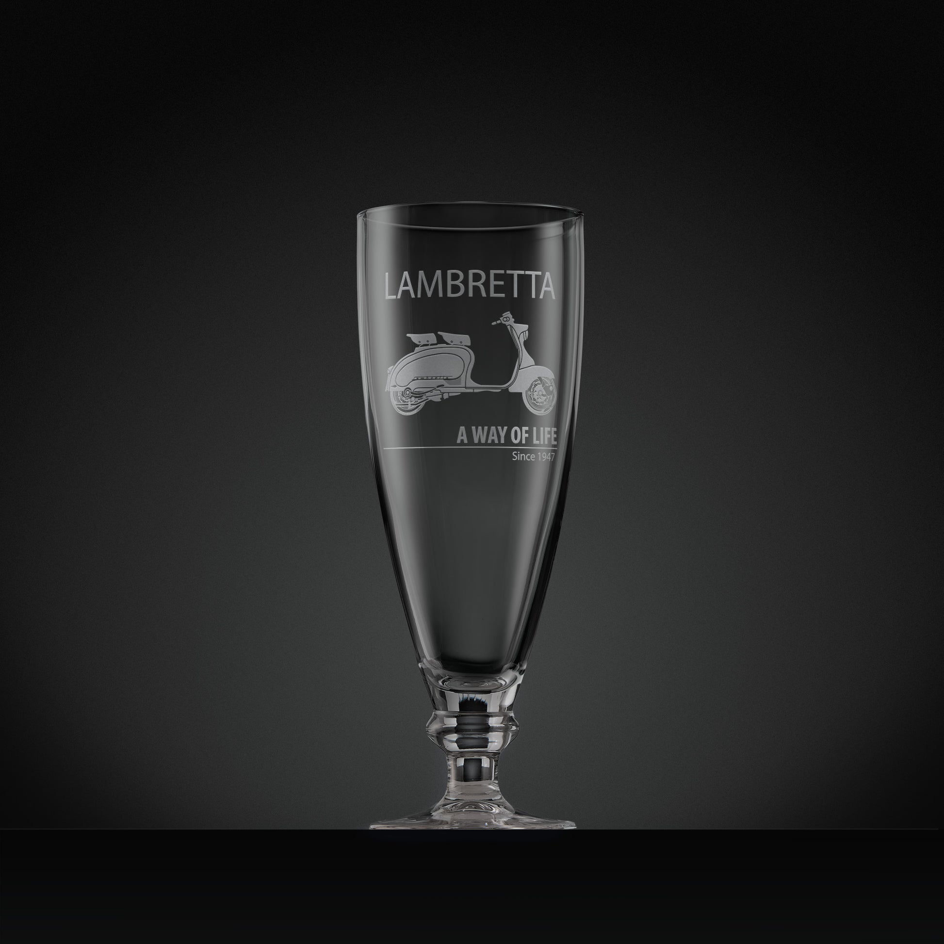 Stemmed beer glass engraved with Series 1 Lambretta Li 125 scooter and text design