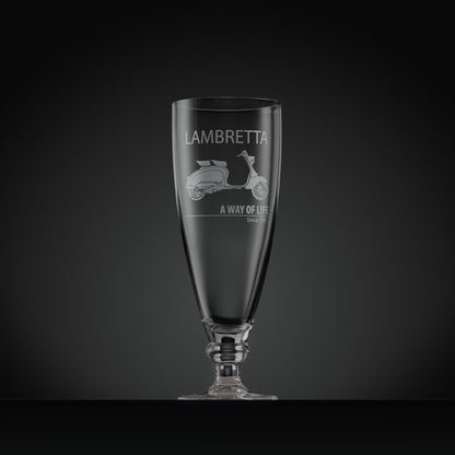Stemmed beer glass engraved with Series 1 Lambretta Li 125 scooter and text design