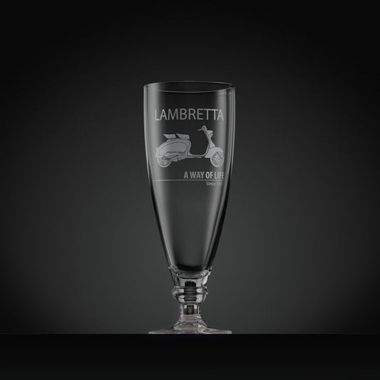 Stemmed beer glass engraved with Series 1 Lambretta Li 125 scooter and text design