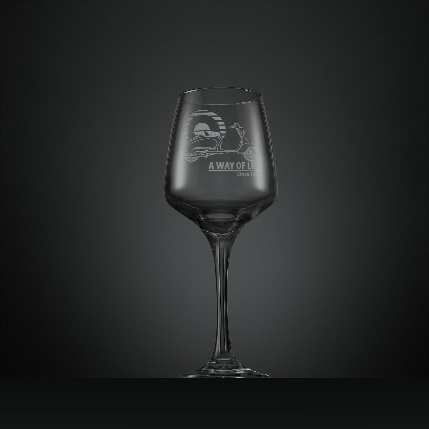 Engraved  wine glass with a Lambretta Li scooter, Mod target design and A Way of Life Since 1946 text