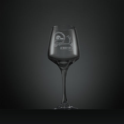 Engraved  wine glass with a Lambretta Li scooter, Mod target design and A Way of Life Since 1946 text