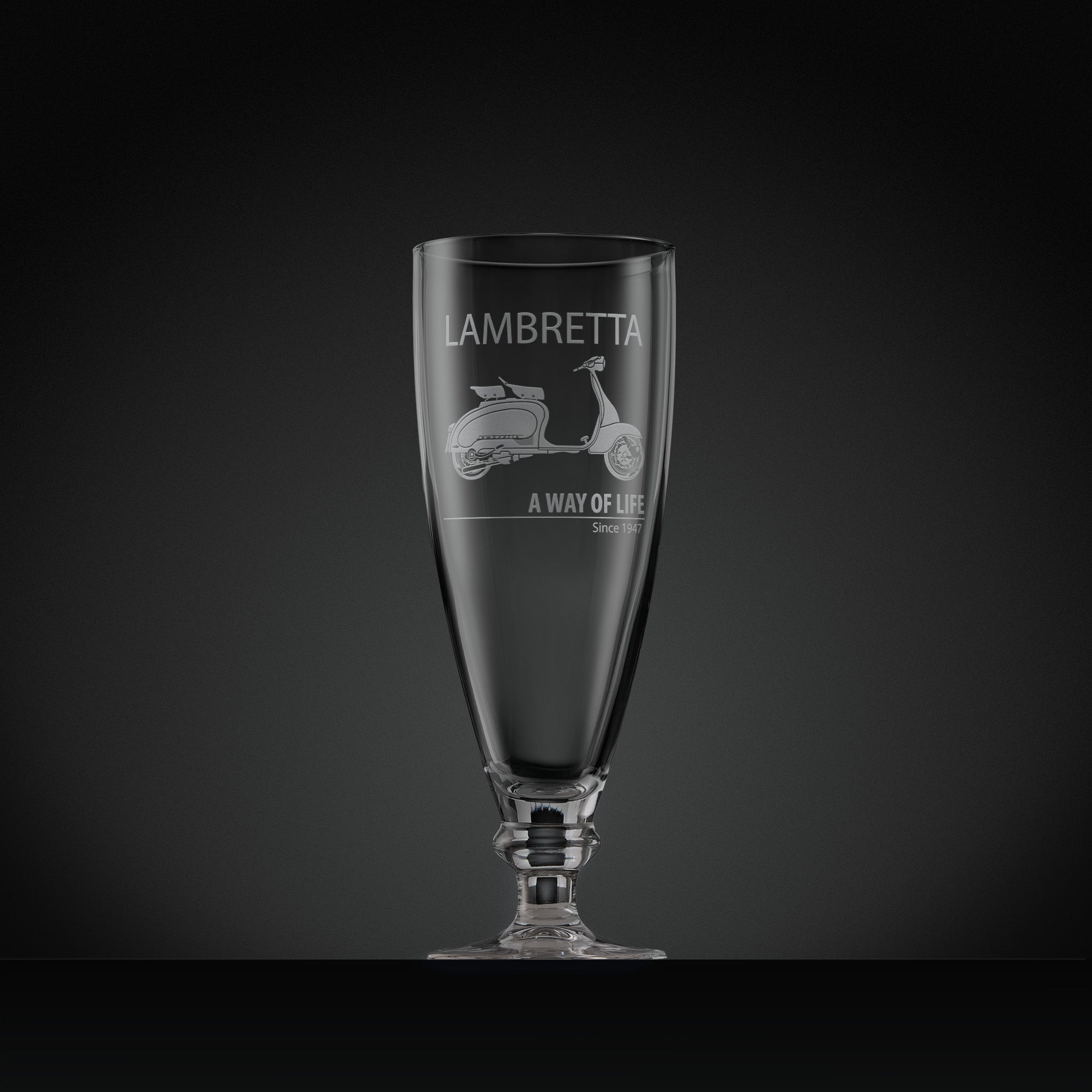 Stemmed beer glass engraved with Series 2 Lambretta Li125 scooter and text design