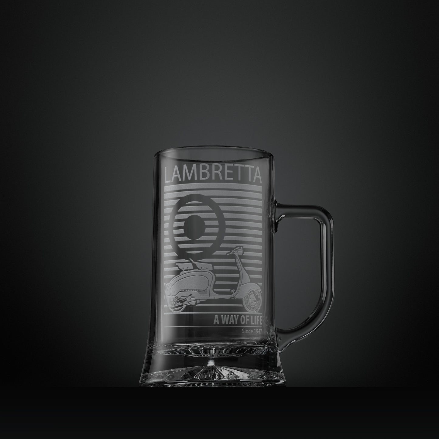Engraved tankard with a Lambretta Li scooter, Mod target design and A Way of Life Since 1946 text