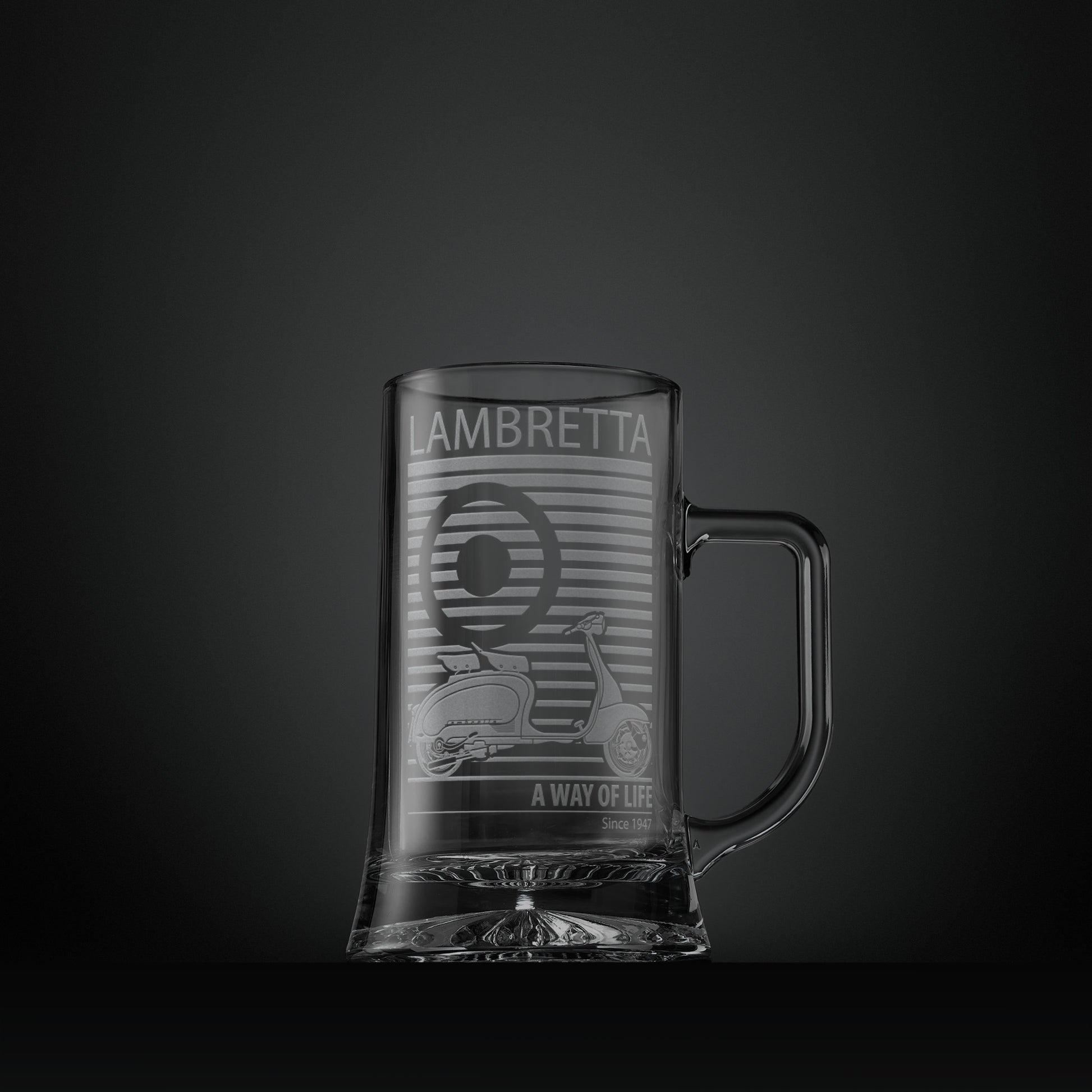 Engraved tankard with a Lambretta Li scooter, Mod target design and A Way of Life Since 1946 text
