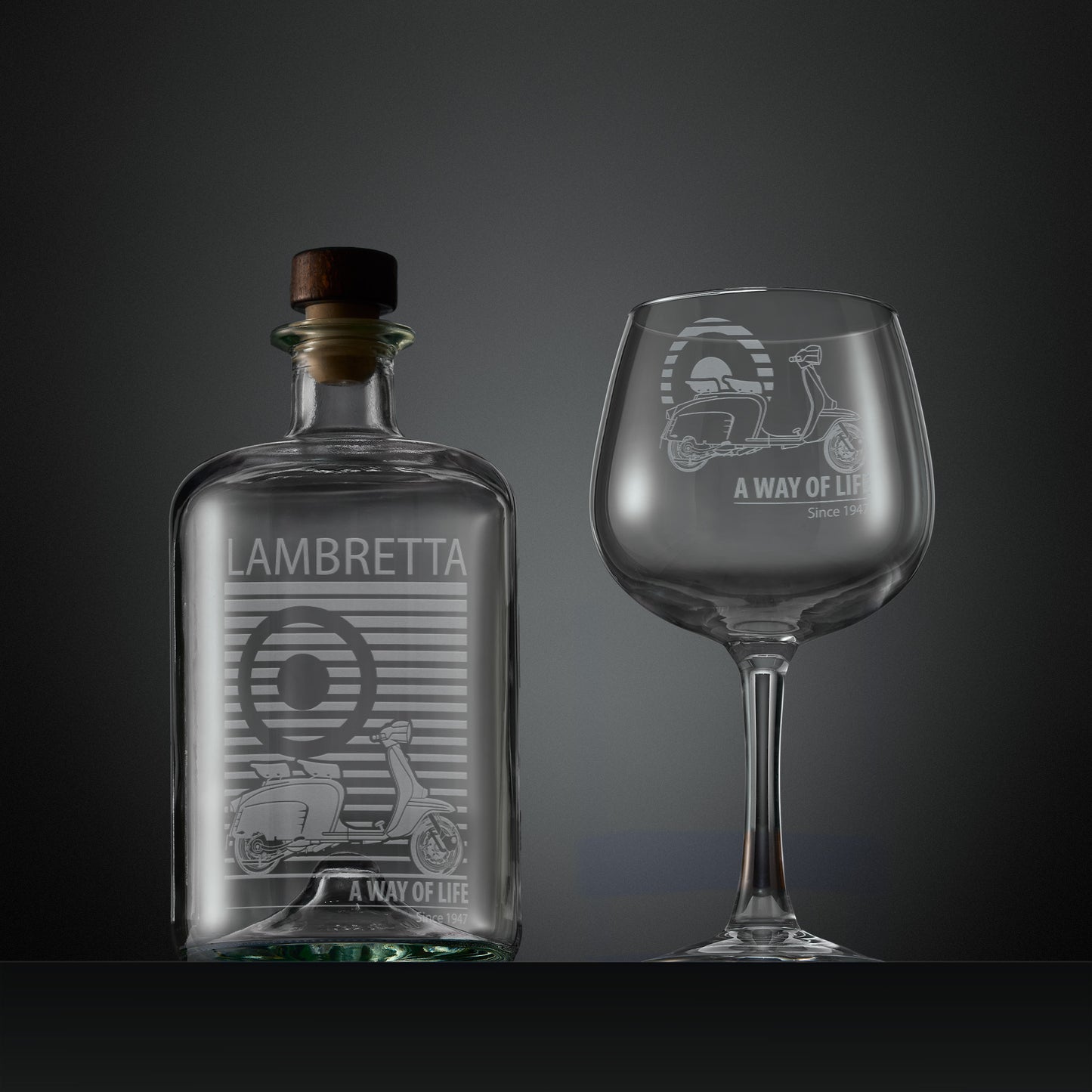 Engraved apothecary style decanter and gin glass with a Lambretta Li Special scooter, MOD target design and text