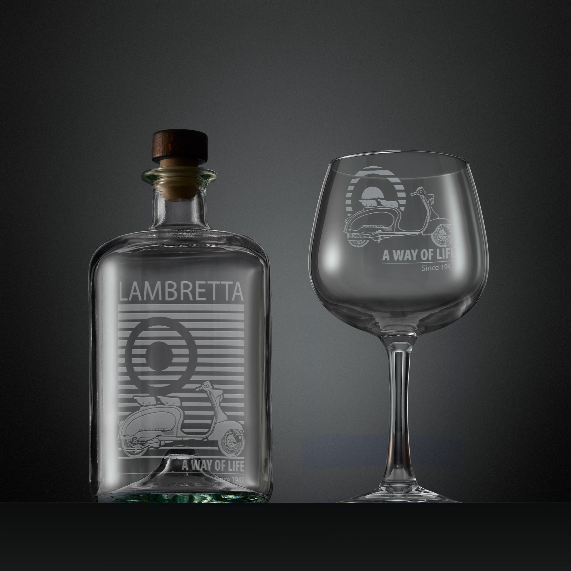 Engraved apothecary style decanter and gin glass with a Series 1  Lambretta Li125 scooter, MOD target design and text