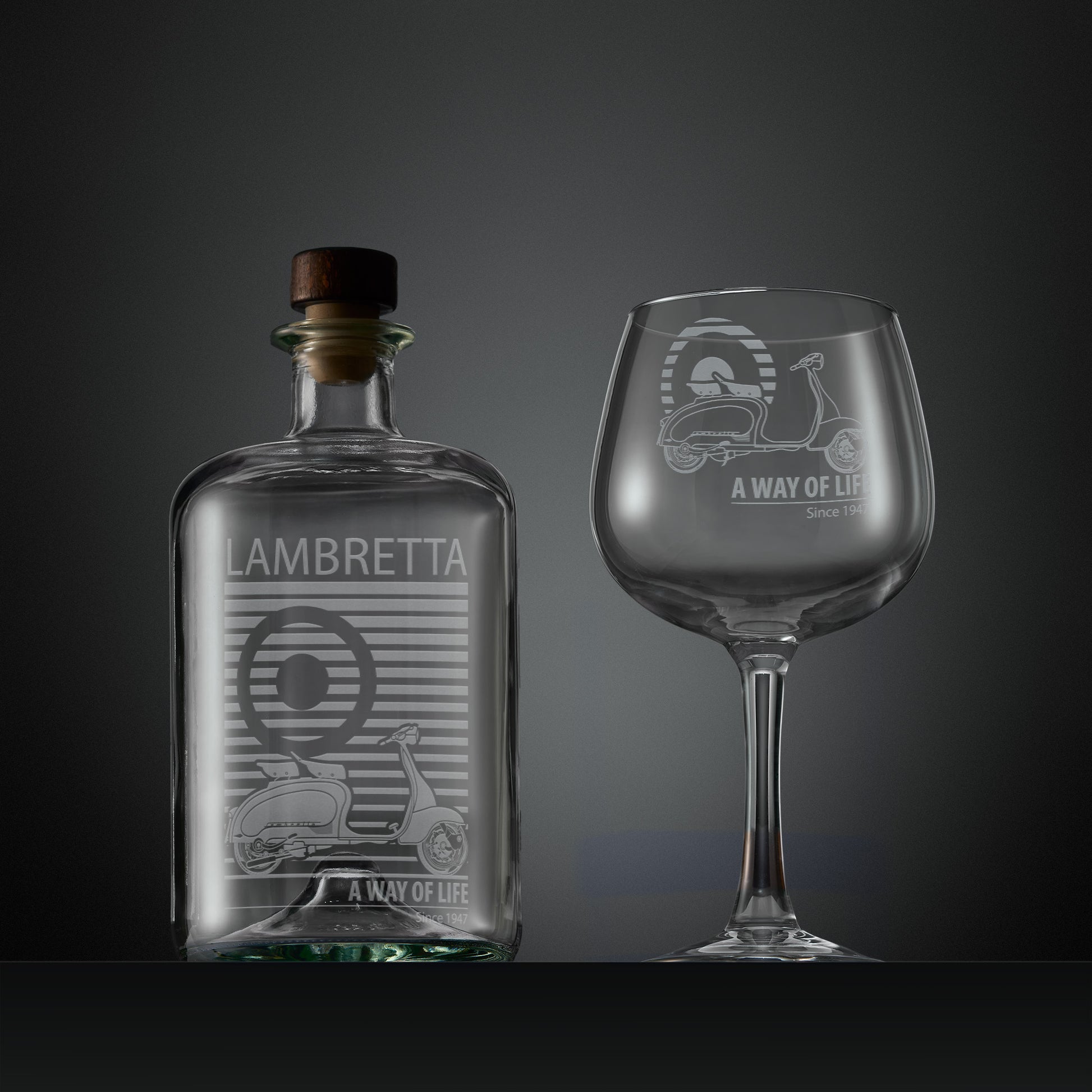 Engraved apothecary style decanter and gin glass with a Series 2  Lambretta Li125 scooter, MOD target design and text