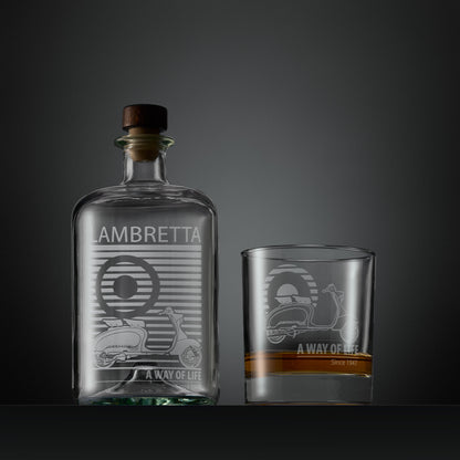 Engraved apothecary style decanter and whisky glass tankard featuring a Lambretta Li125 scooter and MOD target design