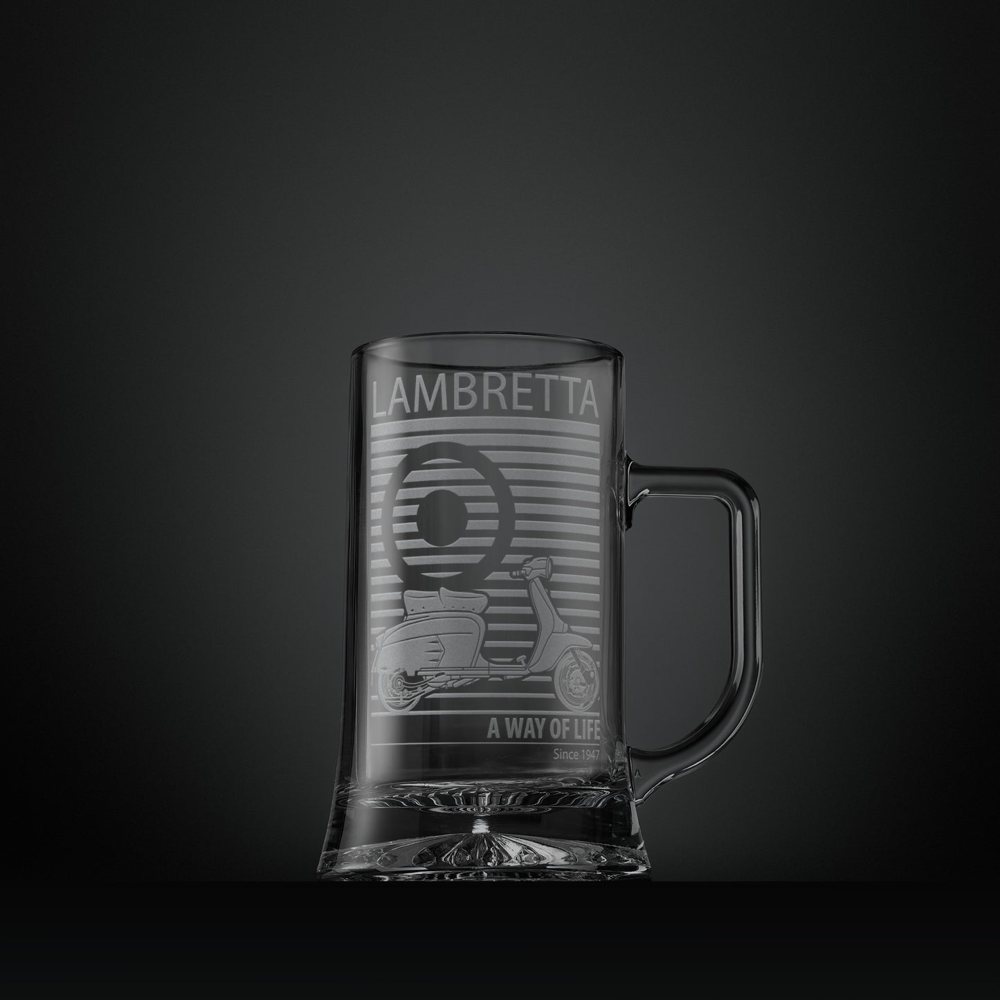 Engraved glass tankard featuring a Lambretta SX200 scooter and MOD target design