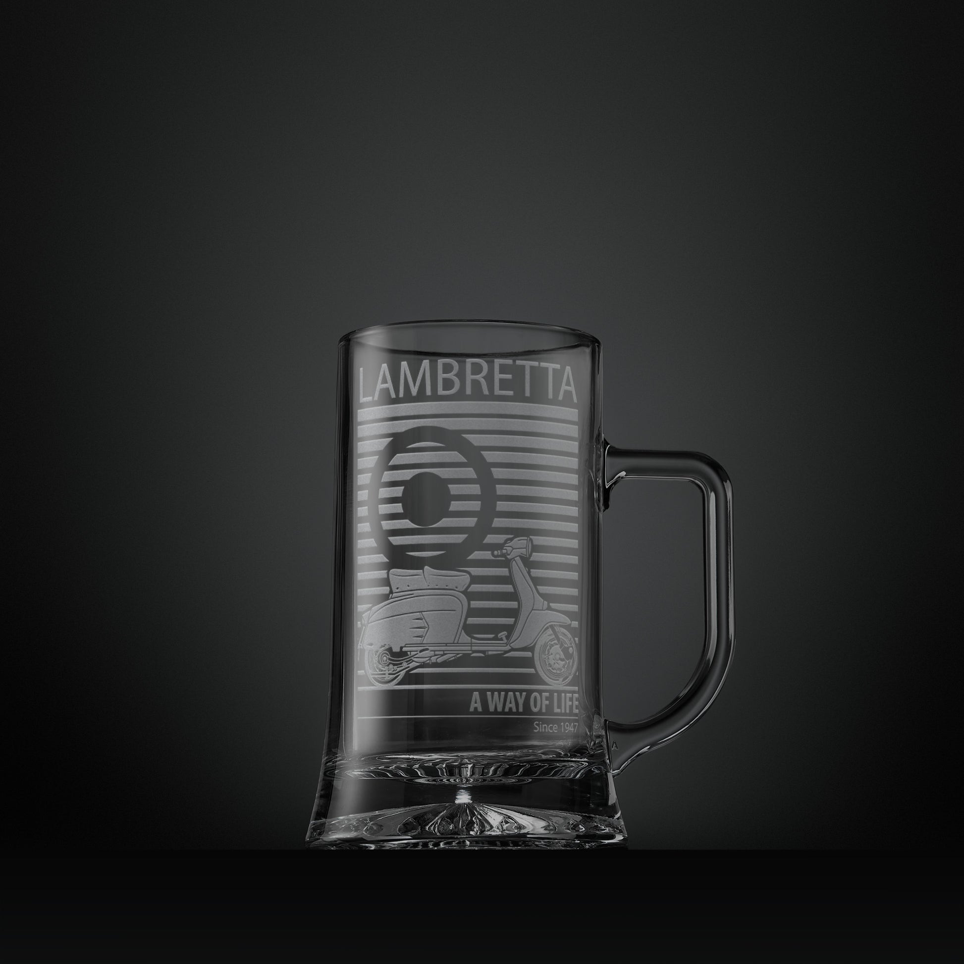 Engraved glass tankard featuring a Lambretta SX200 scooter and MOD target design