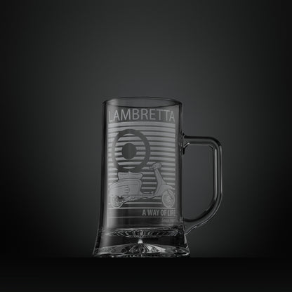 Engraved glass tankard featuring a Lambretta SX200 scooter and MOD target design