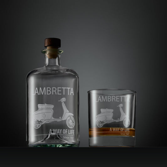 Engraved apothecary style decanter and whisky glass with a Lambretta SX200 scooter design and A Way of Life text