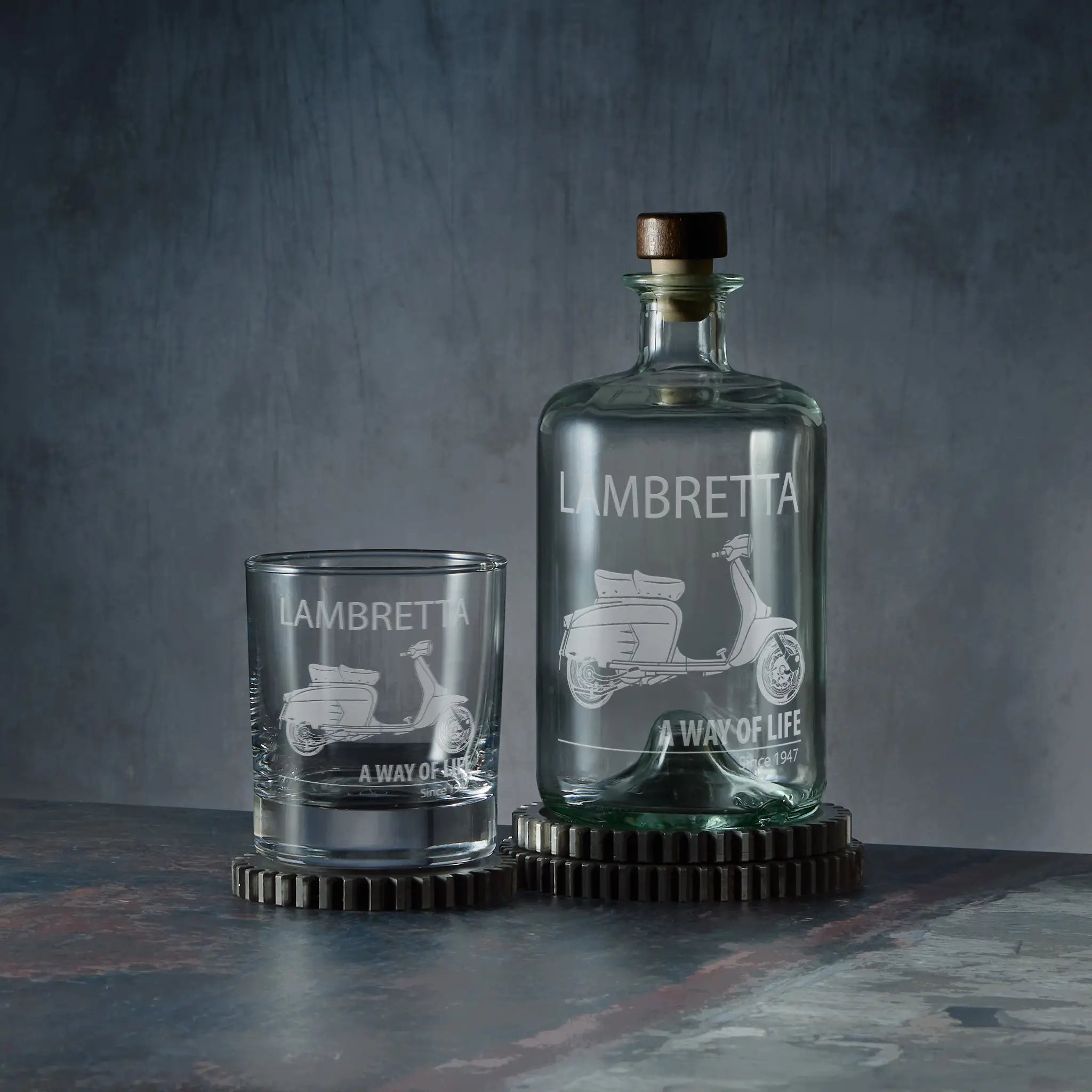 Apothecary style decanter and matching whisky glass engraved with a Lambretta SX200 scooter design and A Way of Life text