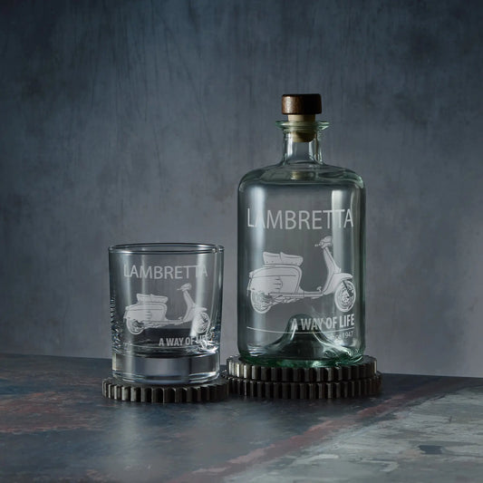 Apothecary style decanter and matching whisky glass engraved with a Lambretta SX200 scooter design and A Way of Life text