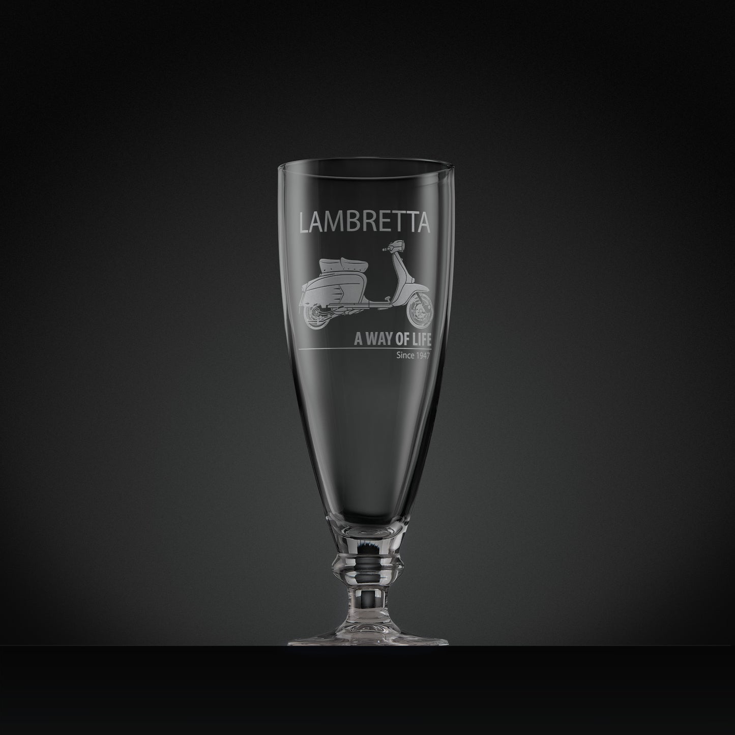 Stemmed beer glass engraved with Lambretta LSX200 scooter and text design