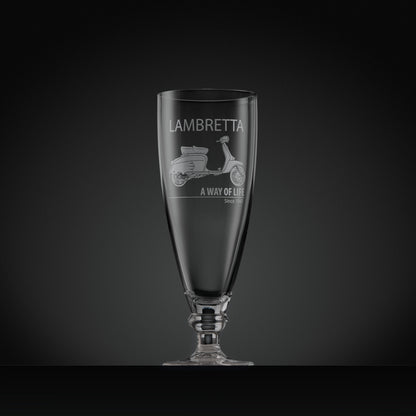 Stemmed beer glass engraved with Lambretta LSX200 scooter and text design