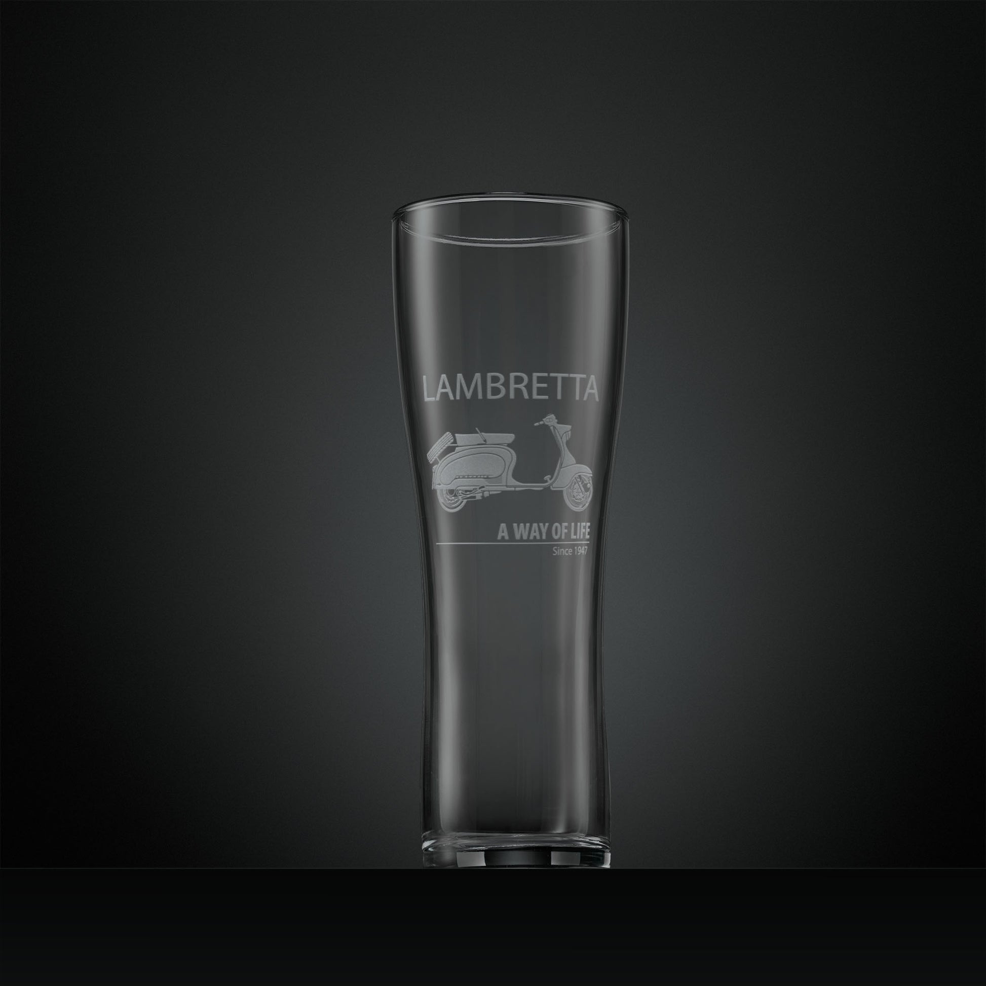 Engraved pint glass with Lambretta TV175 and A Way of Life text design.
