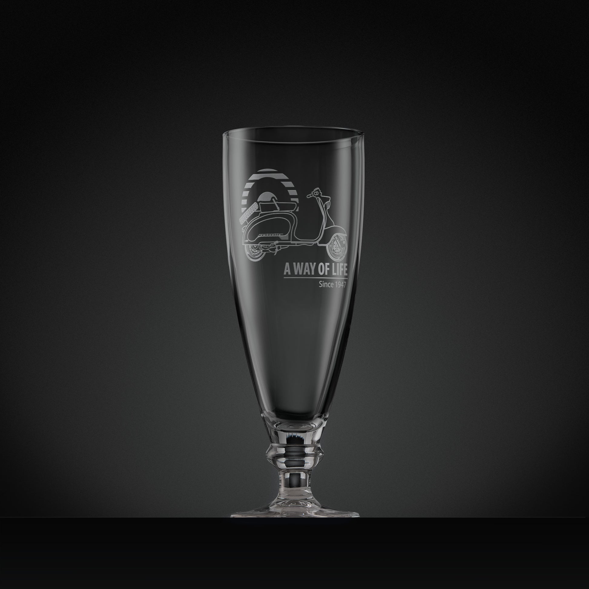 Stemmed beer glass engraved with Series 1 Lambretta TV175 scooter and MOD target design