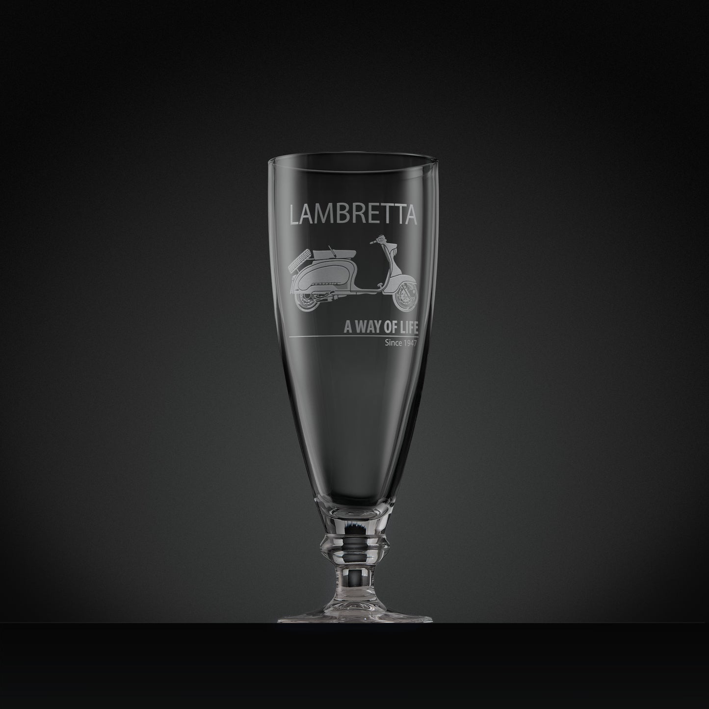 Stemmed beer glass engraved with Lambretta TV175 scooter and text design