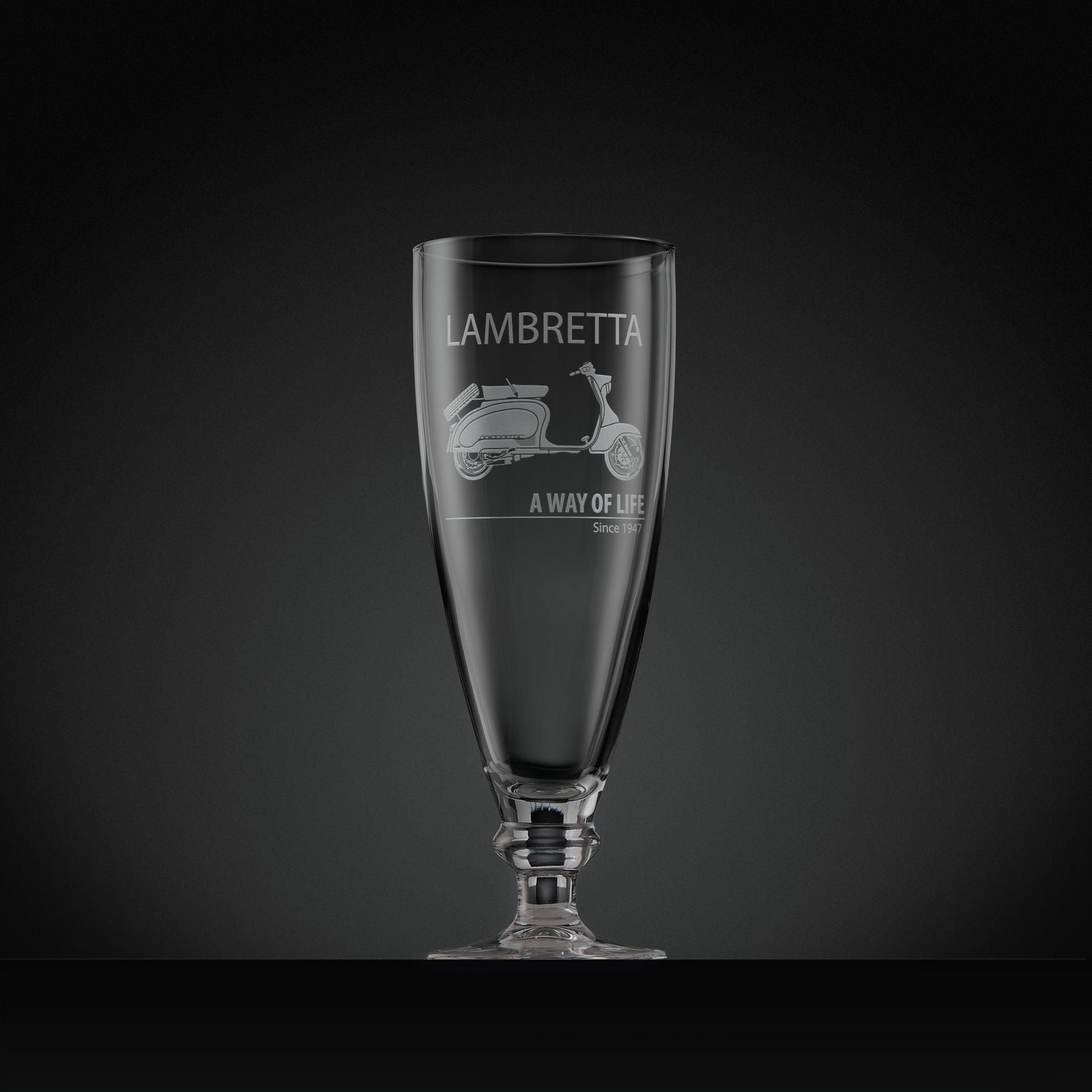 Stemmed beer glass engraved with Lambretta TV175 scooter and text design
